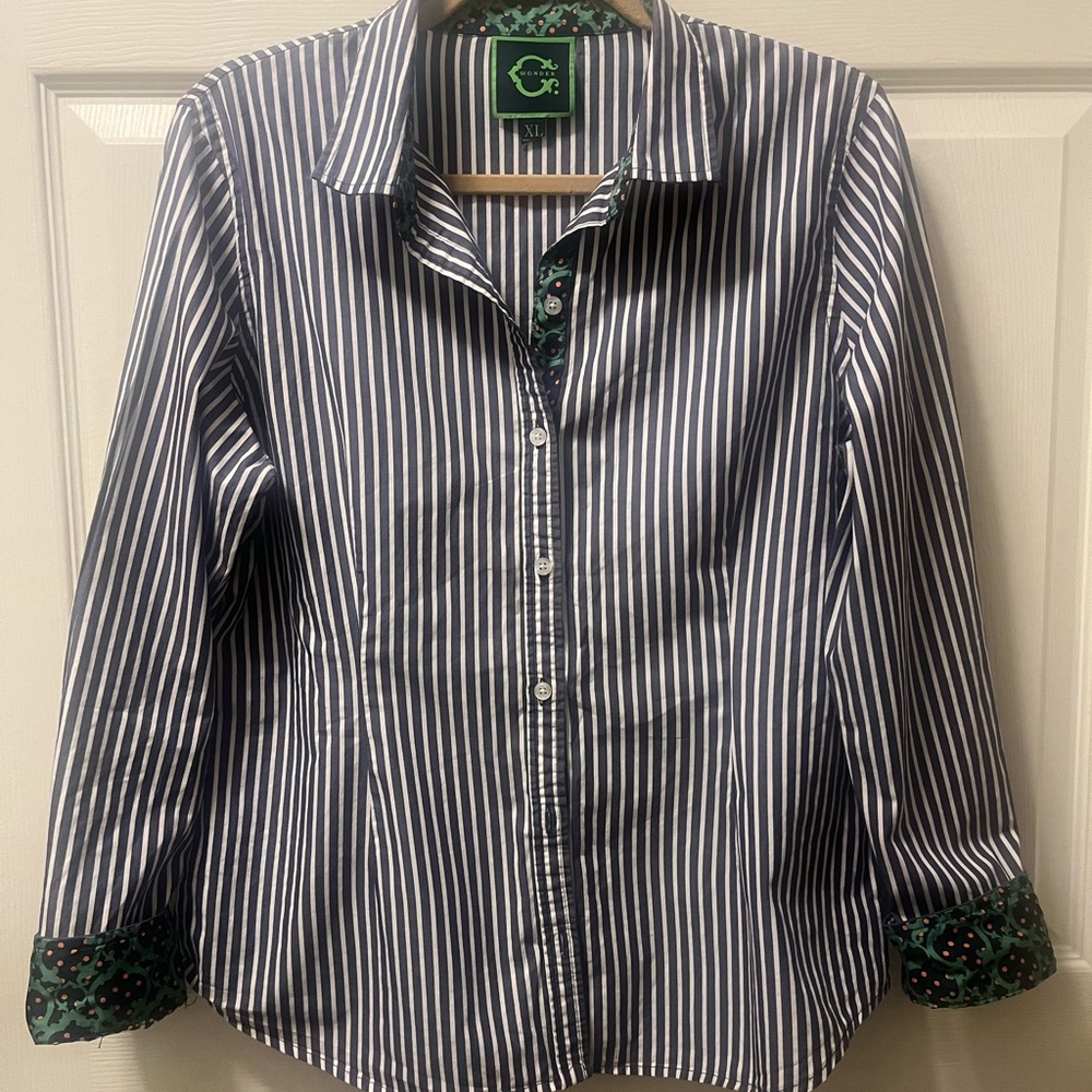 C Wonder Women’s Long Sleeve Button Down Blue‎ Striped Fitted Blouse Size XL